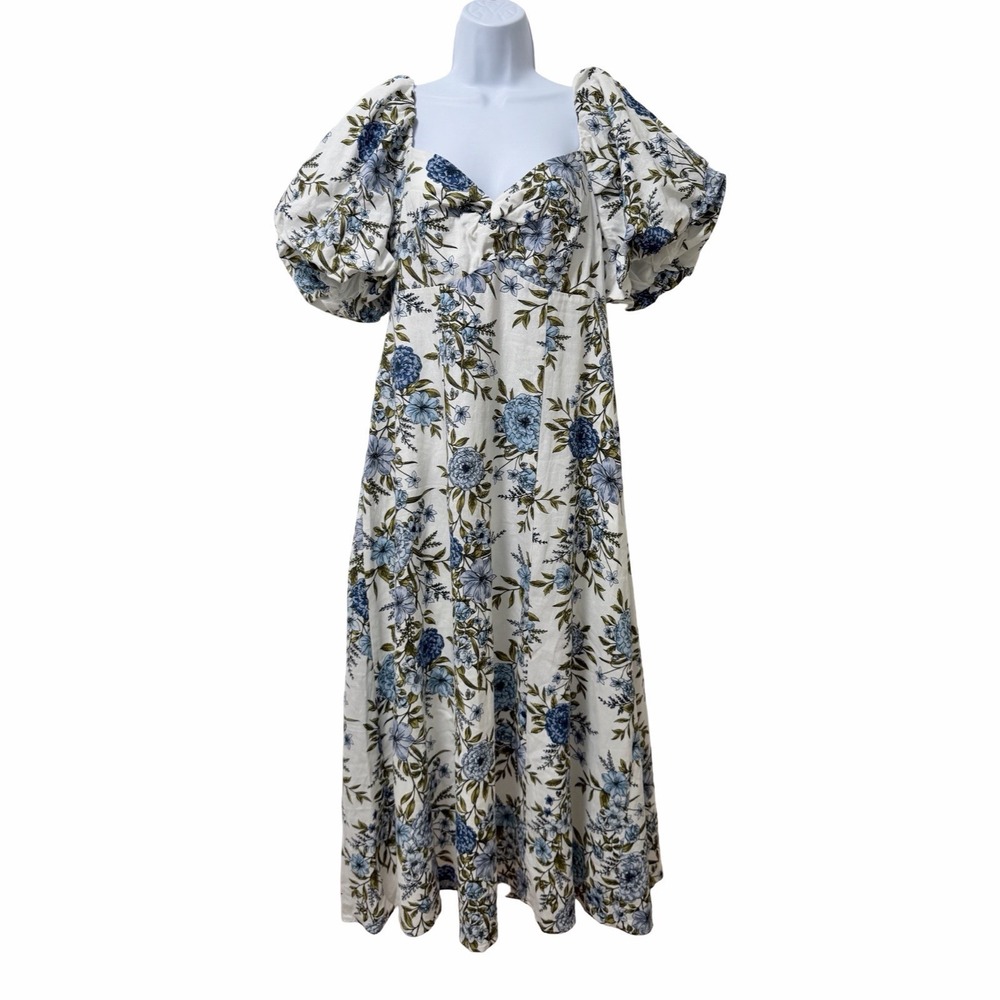 Avec Les Filles Twist Bodice Linen Blend Midi Dress Size 14 Blue‎ Garden Trellis